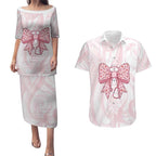 New Zealand Nurses RN Personalised Couples Matching Puletasi and Hawaiian Shirt Pink Stethoscope Coquette Bow Maori Motif