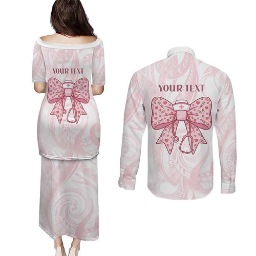 New Zealand Nurses RN Personalised Couples Matching Puletasi and Long Sleeve Button Shirt Pink Stethoscope Coquette Bow Maori Motif
