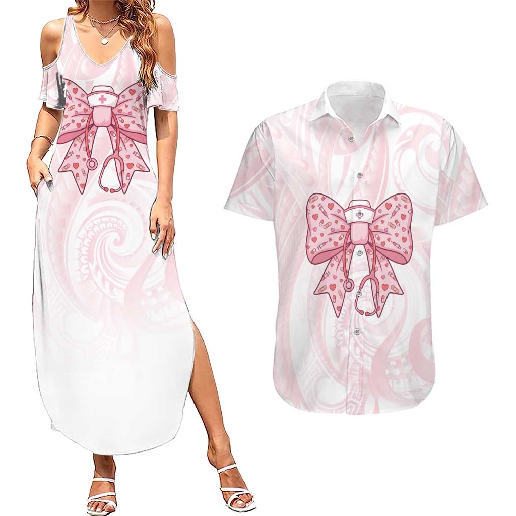 New Zealand Nurses RN Personalised Couples Matching Summer Maxi Dress and Hawaiian Shirt Pink Stethoscope Coquette Bow Maori Motif