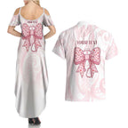 New Zealand Nurses RN Personalised Couples Matching Summer Maxi Dress and Hawaiian Shirt Pink Stethoscope Coquette Bow Maori Motif