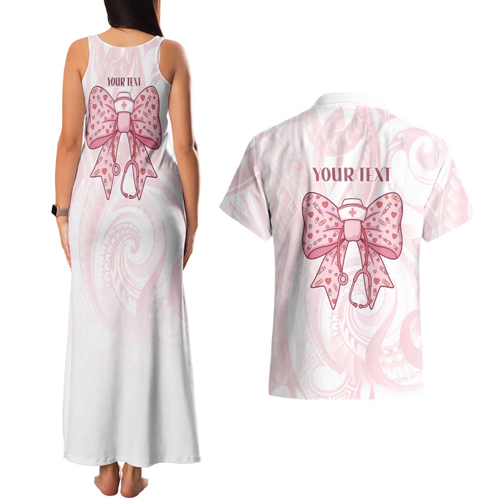 New Zealand Nurses RN Personalised Couples Matching Tank Maxi Dress and Hawaiian Shirt Pink Stethoscope Coquette Bow Maori Motif