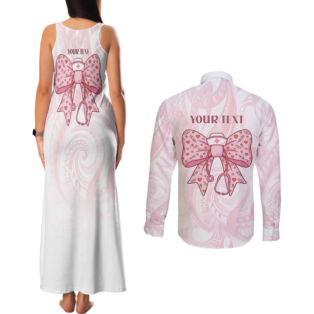 New Zealand Nurses RN Personalised Couples Matching Tank Maxi Dress and Long Sleeve Button Shirt Pink Stethoscope Coquette Bow Maori Motif