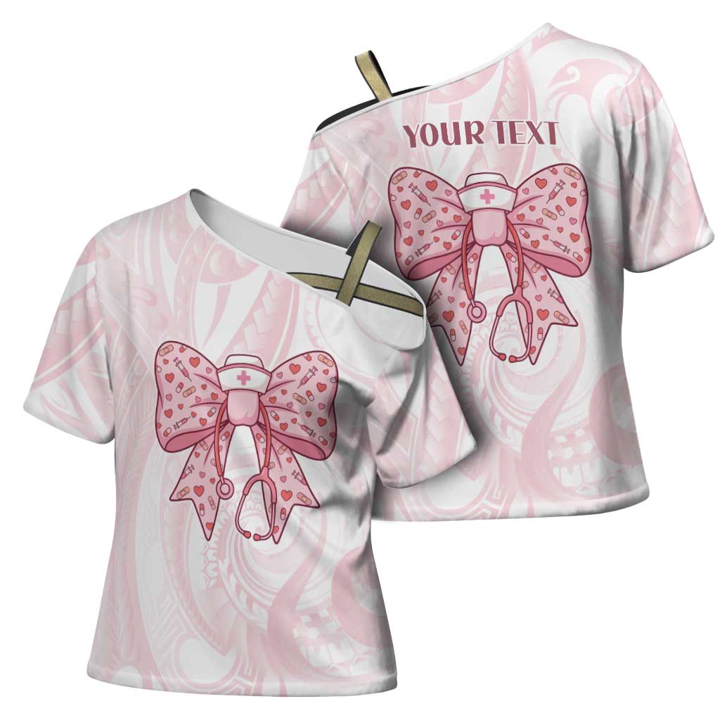 New Zealand Nurses RN Personalised Cross Shoulder Shirt Pink Stethoscope Coquette Bow Maori Motif