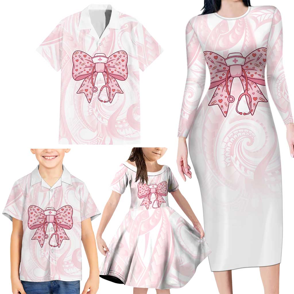 New Zealand Nurses RN Personalised Family Matching Long Sleeve Bodycon Dress and Hawaiian Shirt Pink Stethoscope Coquette Bow Maori Motif