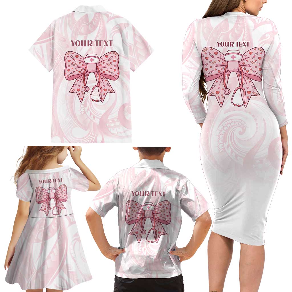 New Zealand Nurses RN Personalised Family Matching Long Sleeve Bodycon Dress and Hawaiian Shirt Pink Stethoscope Coquette Bow Maori Motif