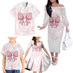 New Zealand Nurses RN Personalised Family Matching Off The Shoulder Long Sleeve Dress and Hawaiian Shirt Pink Stethoscope Coquette Bow Maori Motif