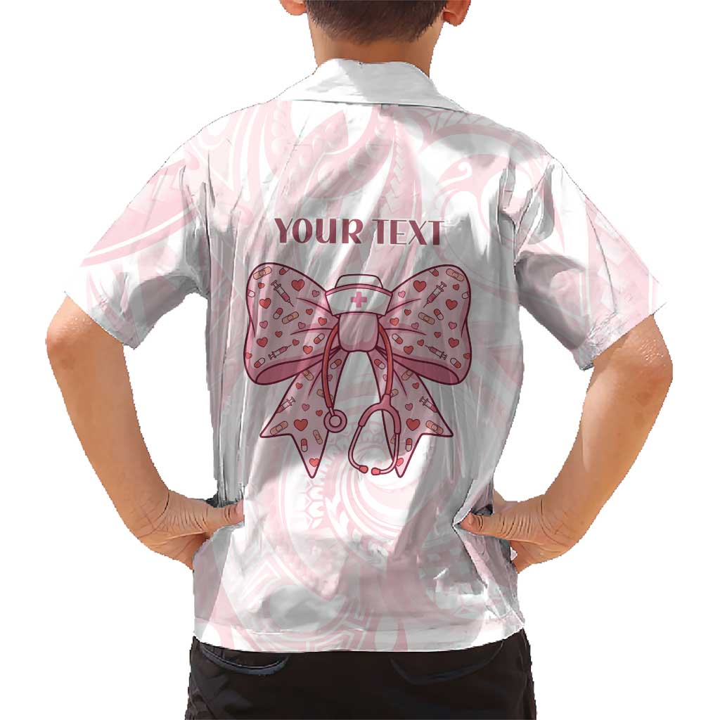 New Zealand Nurses RN Personalised Family Matching Off The Shoulder Long Sleeve Dress and Hawaiian Shirt Pink Stethoscope Coquette Bow Maori Motif