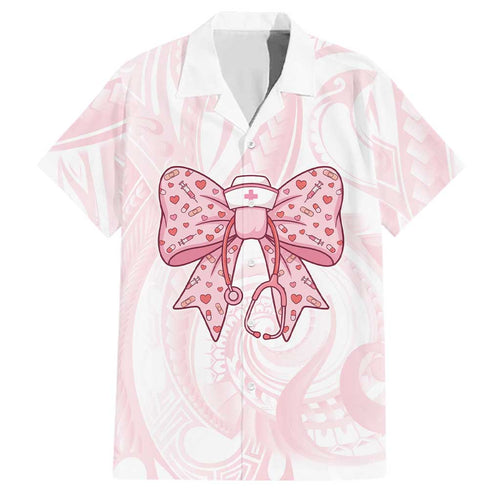 New Zealand Nurses RN Personalised Family Matching Off The Shoulder Long Sleeve Dress and Hawaiian Shirt Pink Stethoscope Coquette Bow Maori Motif