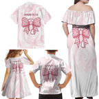 New Zealand Nurses RN Personalised Family Matching Off Shoulder Maxi Dress and Hawaiian Shirt Pink Stethoscope Coquette Bow Maori Motif