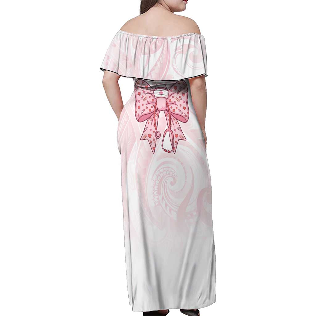 New Zealand Nurses RN Personalised Family Matching Off Shoulder Maxi Dress and Hawaiian Shirt Pink Stethoscope Coquette Bow Maori Motif