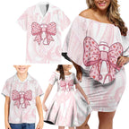 New Zealand Nurses RN Personalised Family Matching Off Shoulder Short Dress and Hawaiian Shirt Pink Stethoscope Coquette Bow Maori Motif