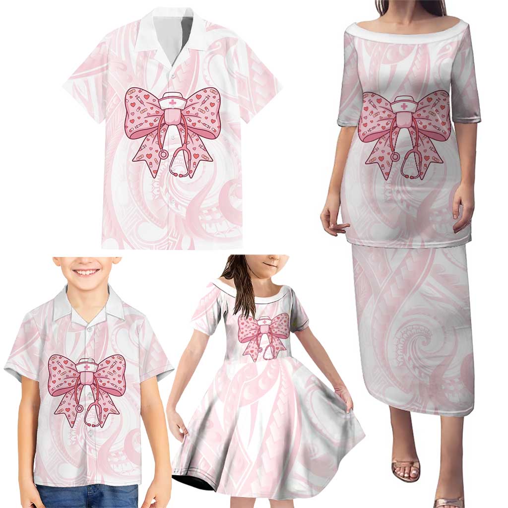 New Zealand Nurses RN Personalised Family Matching Puletasi and Hawaiian Shirt Pink Stethoscope Coquette Bow Maori Motif