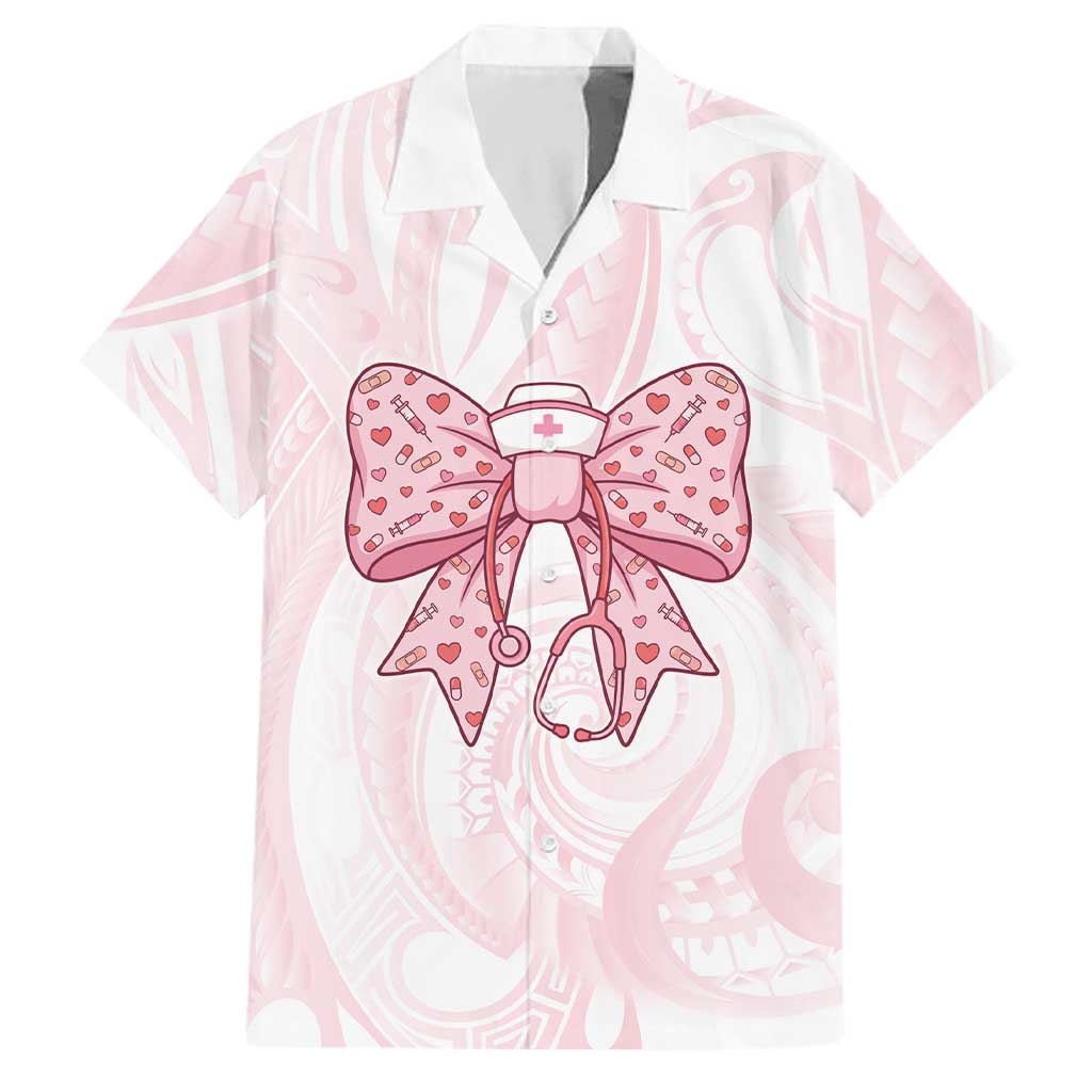 New Zealand Nurses RN Personalised Family Matching Puletasi and Hawaiian Shirt Pink Stethoscope Coquette Bow Maori Motif