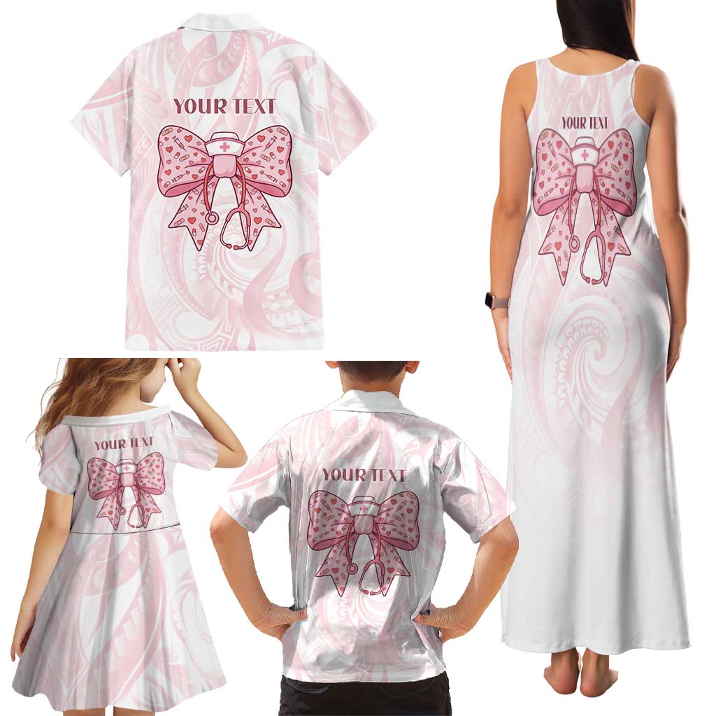 New Zealand Nurses RN Personalised Family Matching Tank Maxi Dress and Hawaiian Shirt Pink Stethoscope Coquette Bow Maori Motif