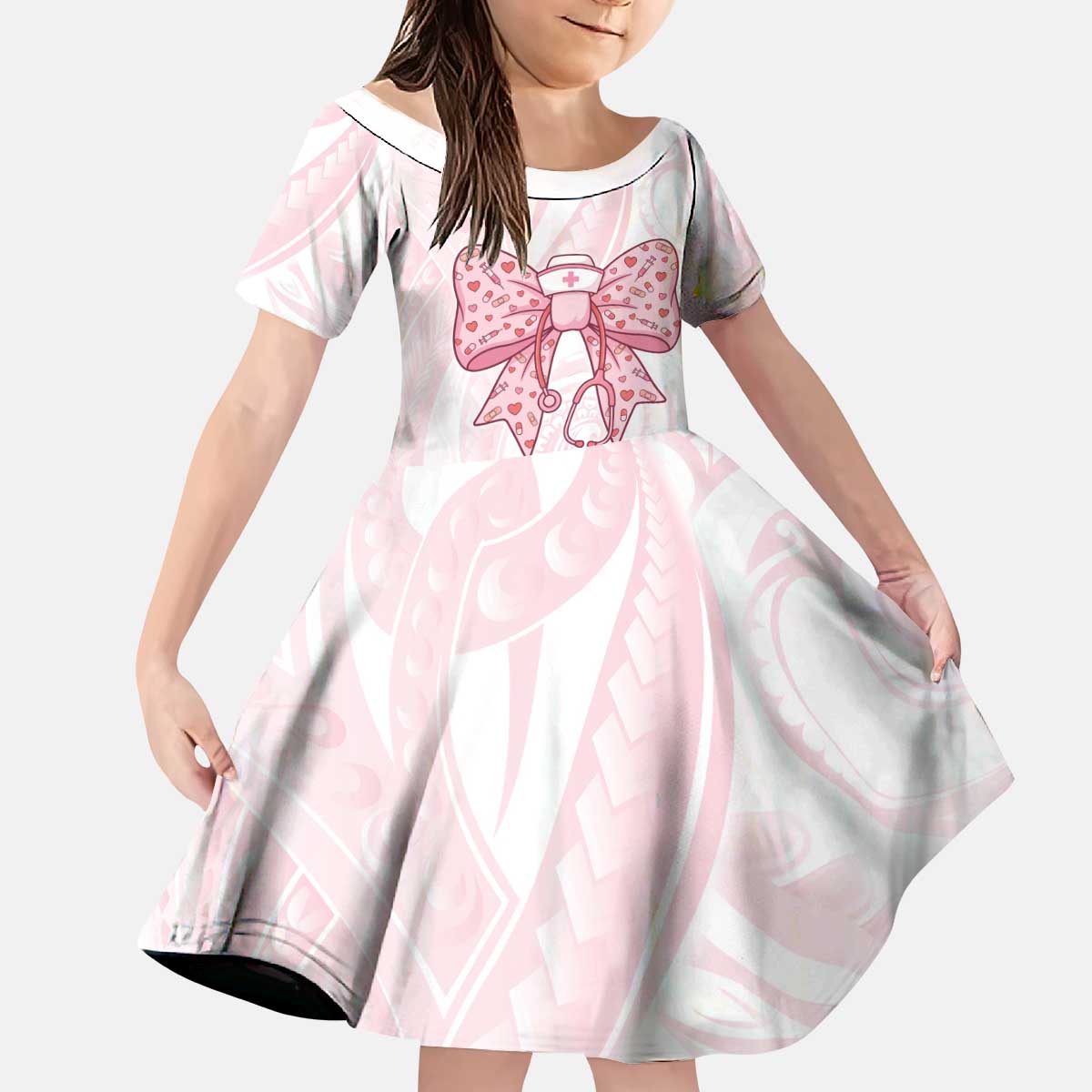 New Zealand Nurses RN Personalised Kid Short Sleeve Dress Pink Stethoscope Coquette Bow Maori Motif