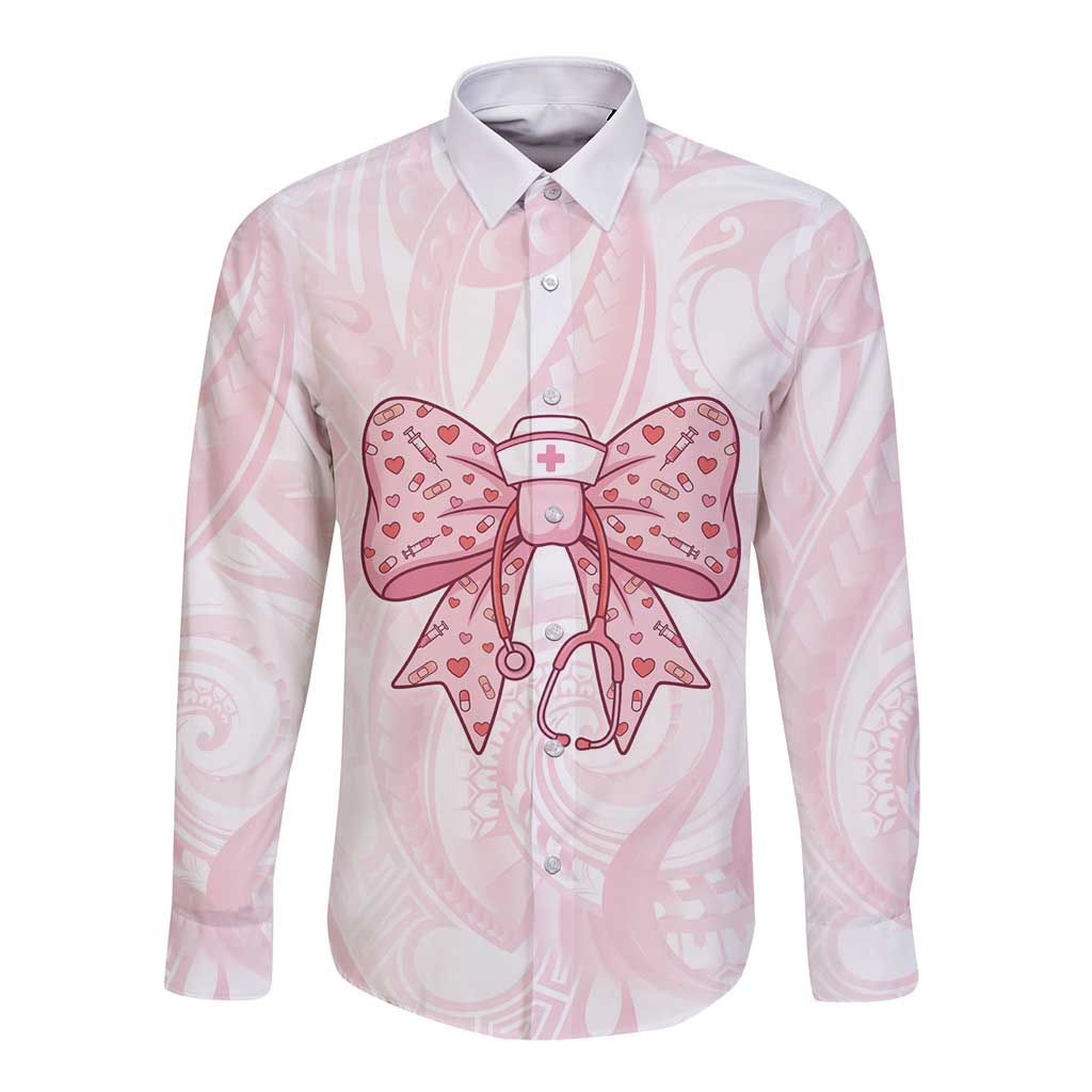 New Zealand Nurses RN Personalised Long Sleeve Button Shirt Pink Stethoscope Coquette Bow Maori Motif