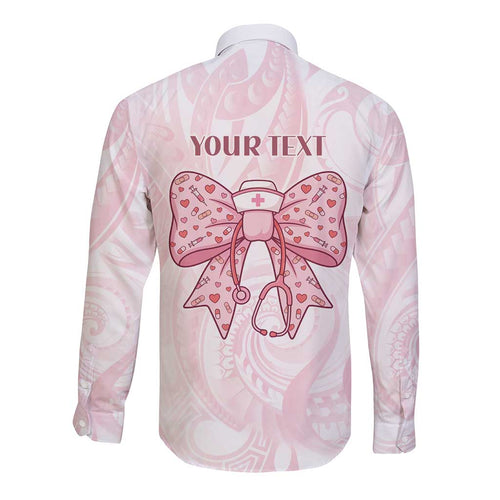 New Zealand Nurses RN Personalised Long Sleeve Button Shirt Pink Stethoscope Coquette Bow Maori Motif