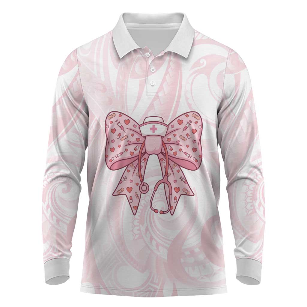 New Zealand Nurses RN Personalised Long Sleeve Polo Shirt Pink Stethoscope Coquette Bow Maori Motif