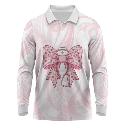 New Zealand Nurses RN Personalised Long Sleeve Polo Shirt Pink Stethoscope Coquette Bow Maori Motif