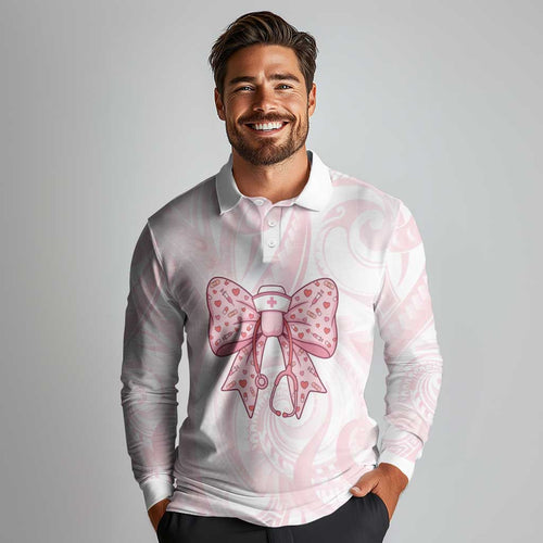 New Zealand Nurses RN Personalised Long Sleeve Polo Shirt Pink Stethoscope Coquette Bow Maori Motif