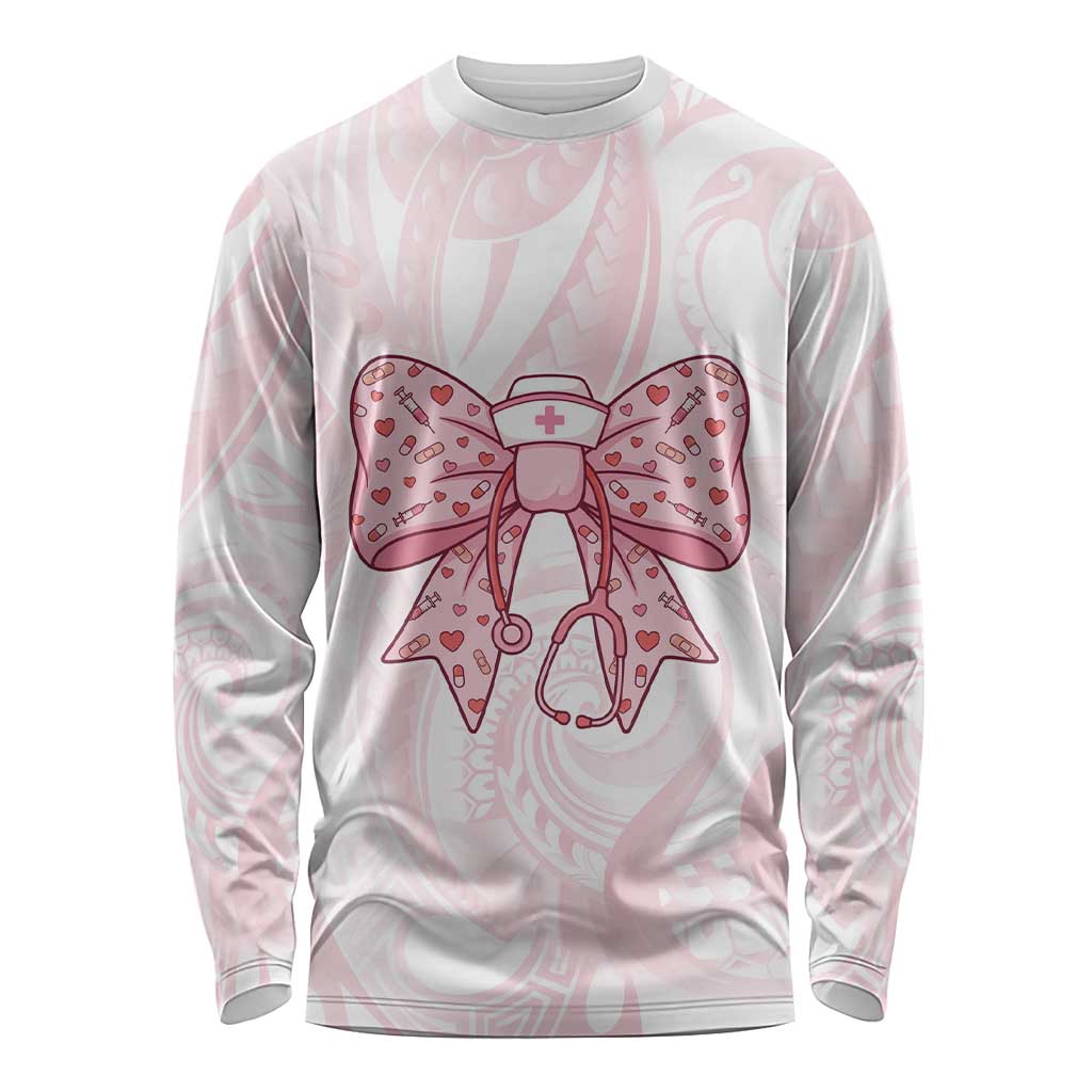 New Zealand Nurses RN Personalised Long Sleeve Shirt Pink Stethoscope Coquette Bow Maori Motif