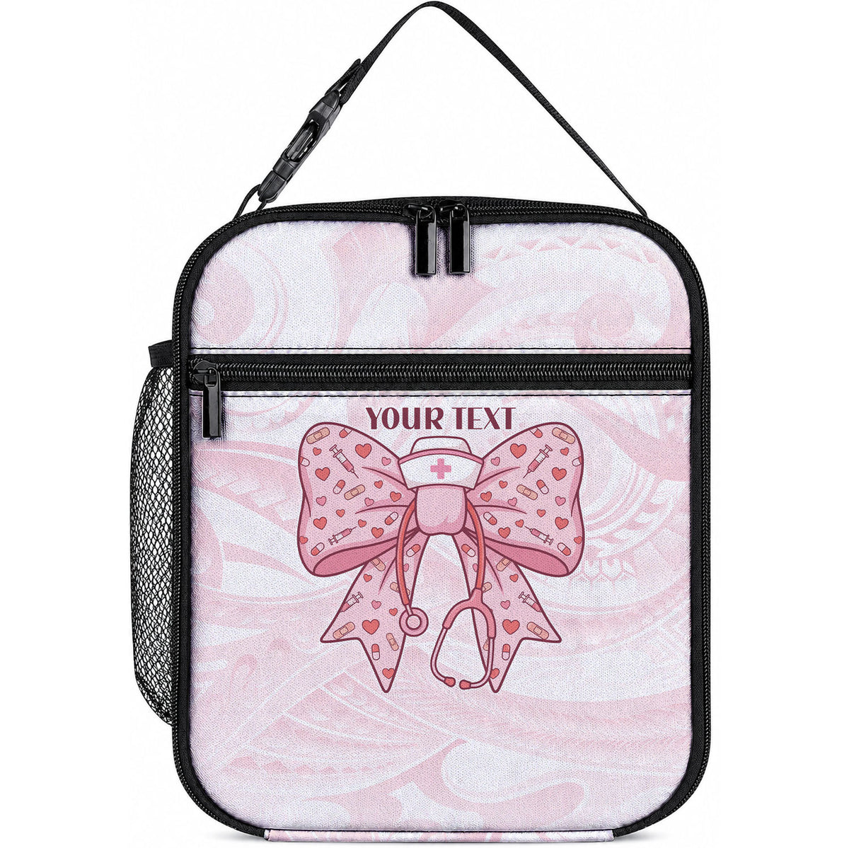 New Zealand Nurses RN Personalised Lunch Bag Pink Stethoscope Coquette Bow Maori Motif