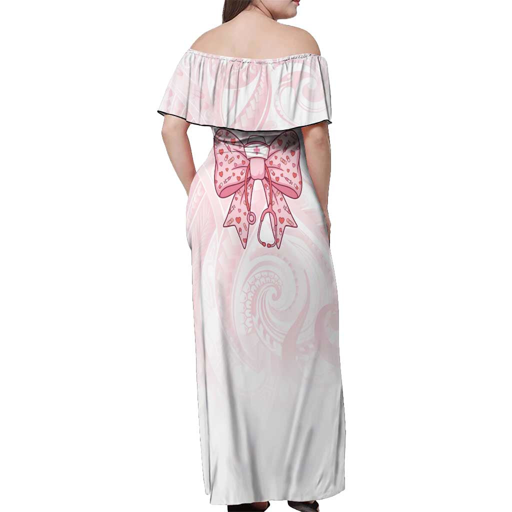 New Zealand Nurses RN Personalised Off Shoulder Maxi Dress Pink Stethoscope Coquette Bow Maori Motif
