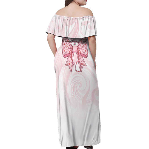 New Zealand Nurses RN Personalised Off Shoulder Maxi Dress Pink Stethoscope Coquette Bow Maori Motif