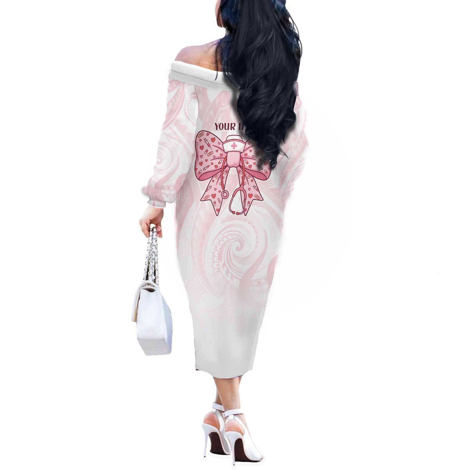 New Zealand Nurses RN Personalised Off The Shoulder Long Sleeve Dress Pink Stethoscope Coquette Bow Maori Motif
