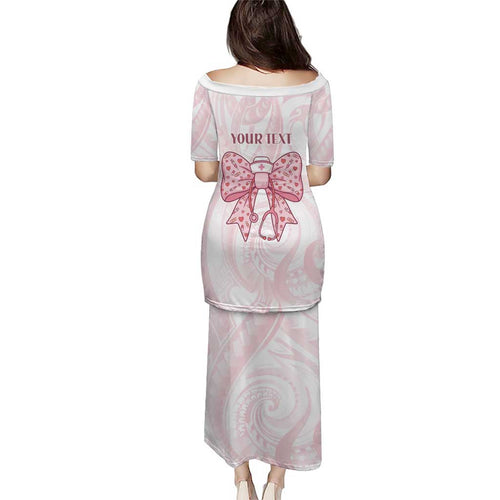 New Zealand Nurses RN Personalised Puletasi Pink Stethoscope Coquette Bow Maori Motif