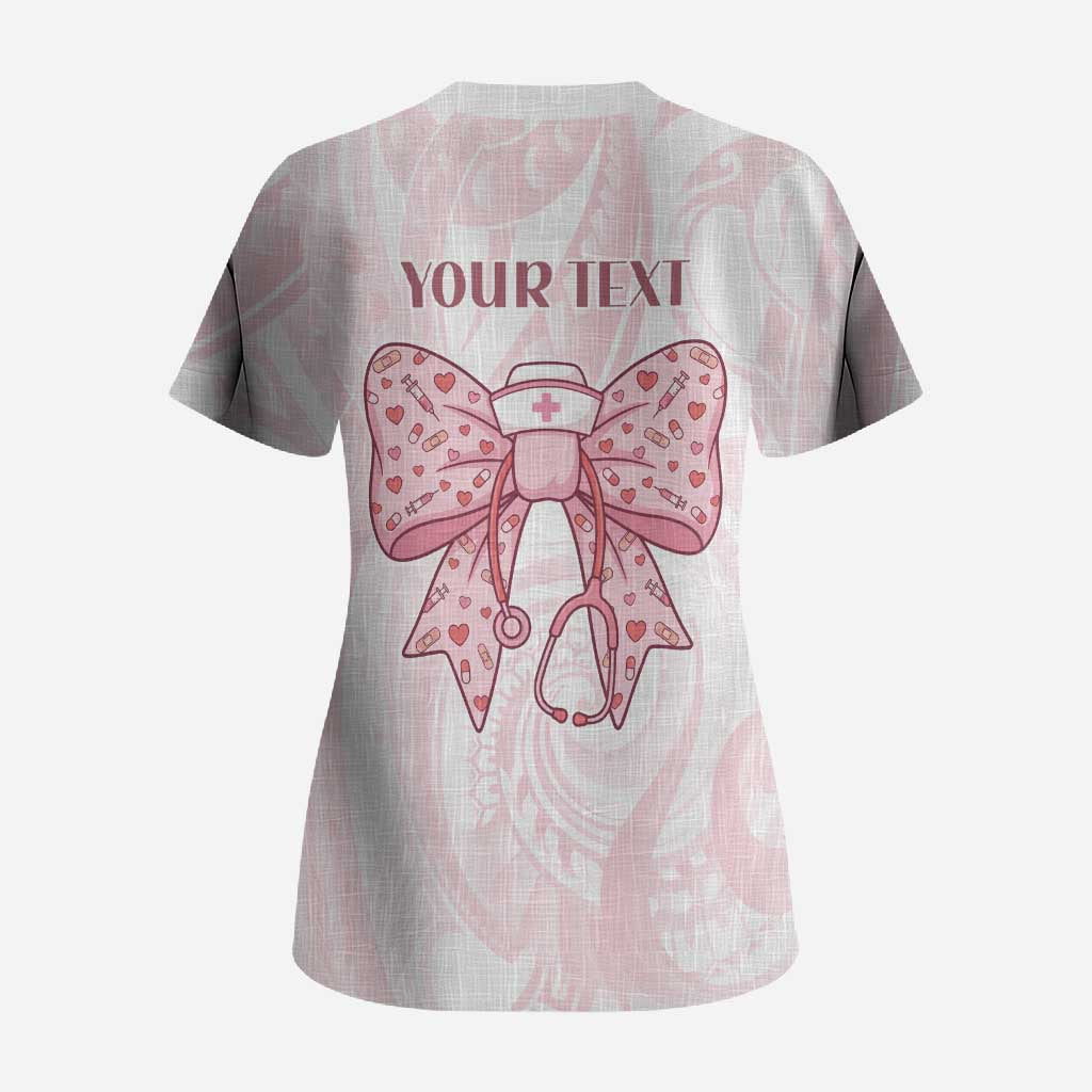 New Zealand Nurses RN Personalised Scrub Top Pink Stethoscope Coquette Bow Maori Motif