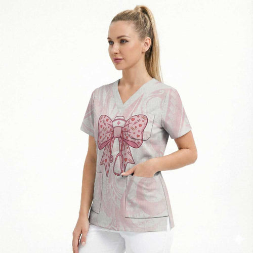 New Zealand Nurses RN Personalised Scrub Top Pink Stethoscope Coquette Bow Maori Motif