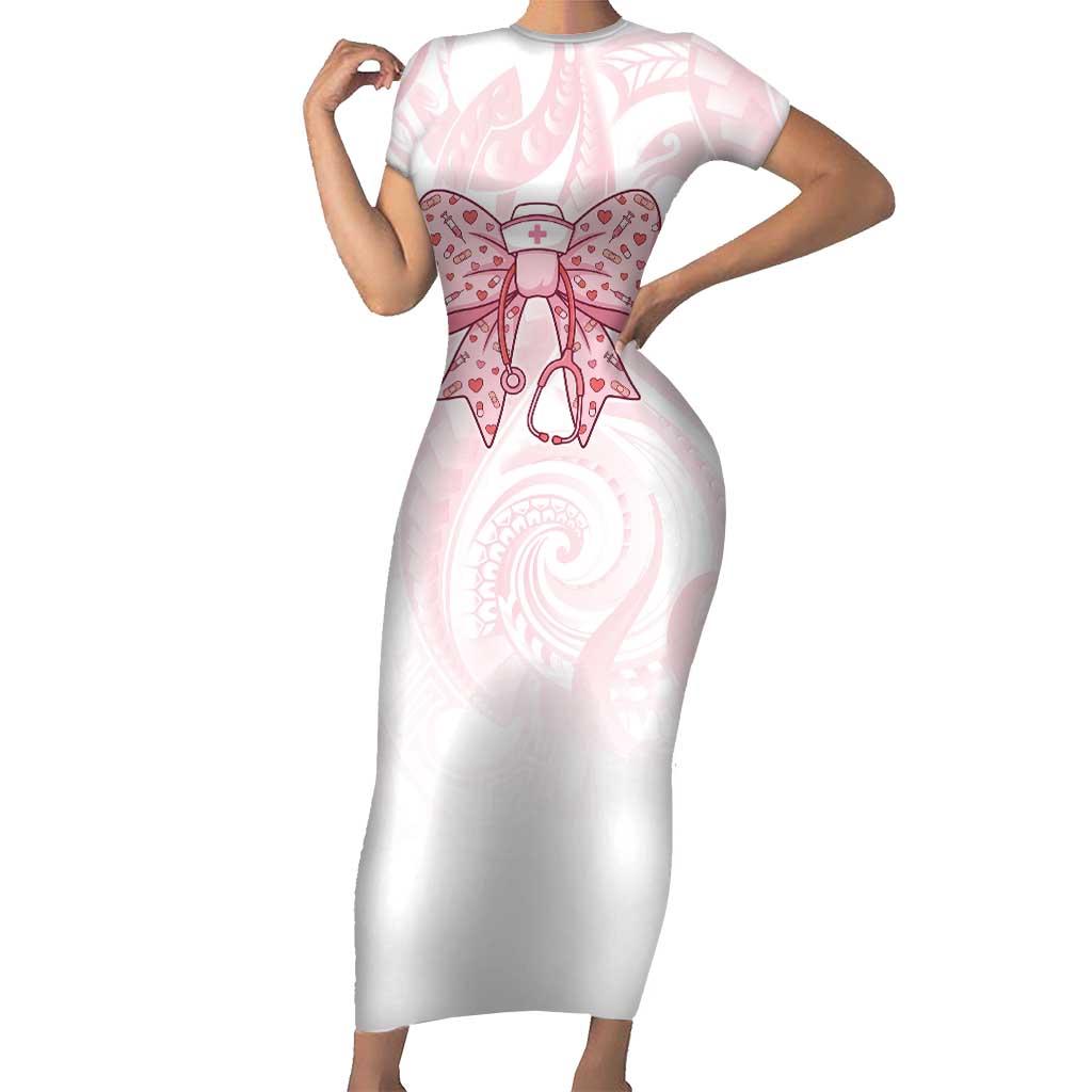 New Zealand Nurses RN Personalised Short Sleeve Bodycon Dress Pink Stethoscope Coquette Bow Maori Motif
