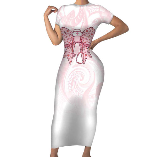 New Zealand Nurses RN Personalised Short Sleeve Bodycon Dress Pink Stethoscope Coquette Bow Maori Motif