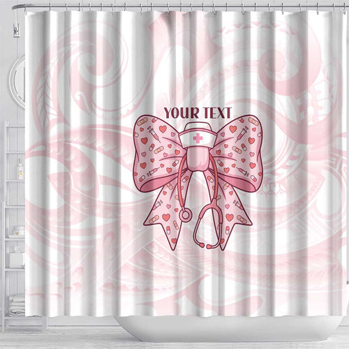 New Zealand Nurses RN Personalised Shower Curtain Pink Stethoscope Coquette Bow Maori Motif