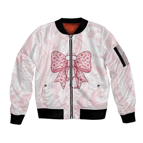 New Zealand Nurses RN Personalised Sleeve Zip Bomber Jacket Pink Stethoscope Coquette Bow Maori Motif