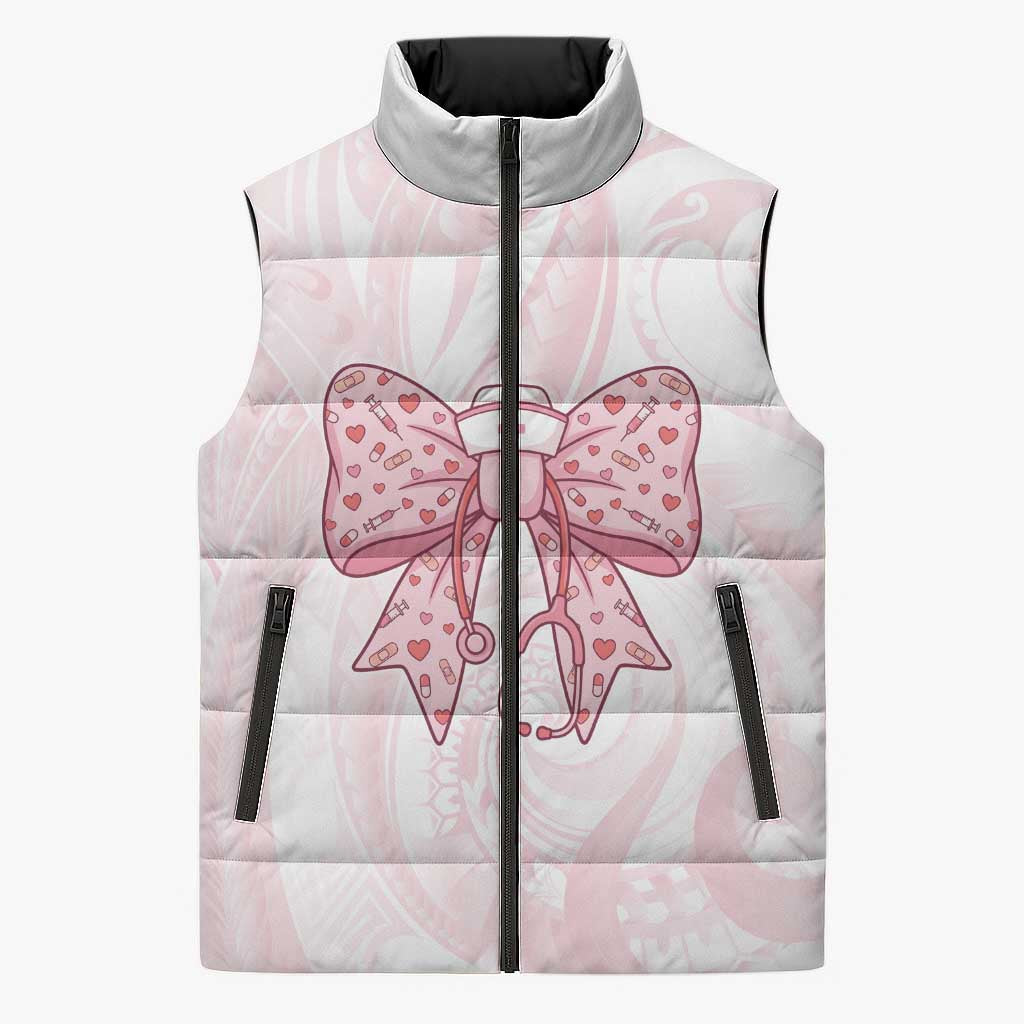 New Zealand Nurses RN Personalised Sleeveless Puffer Jacket Pink Stethoscope Coquette Bow Maori Motif