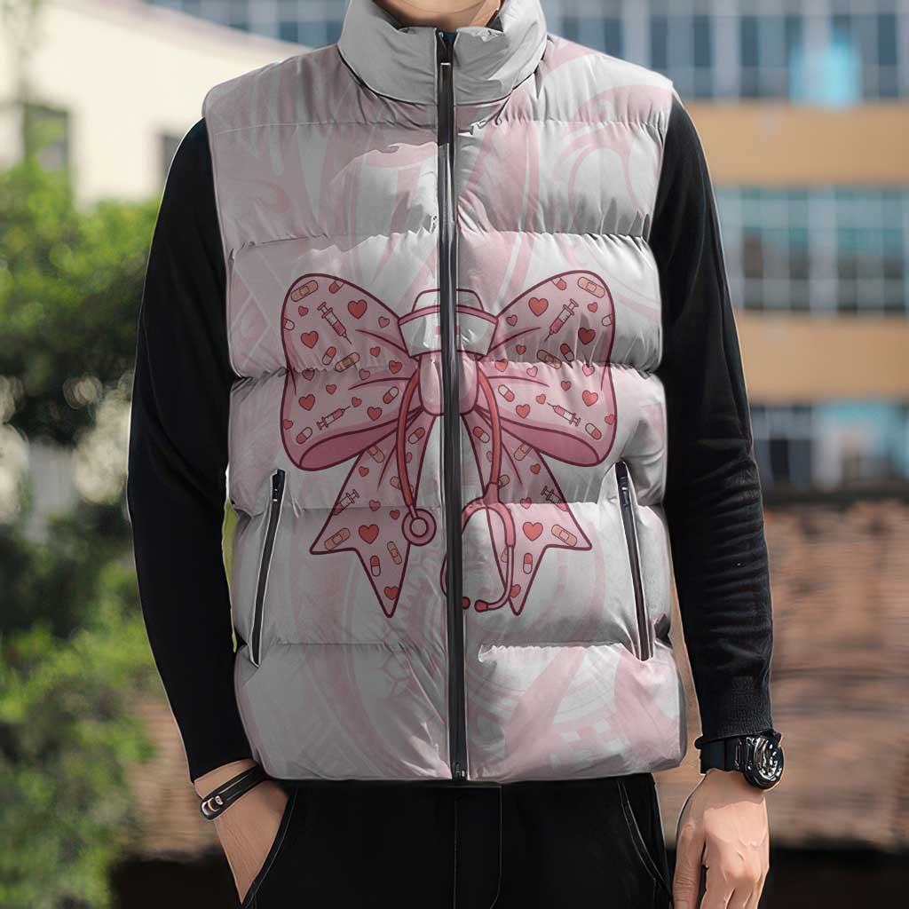 New Zealand Nurses RN Personalised Sleeveless Puffer Jacket Pink Stethoscope Coquette Bow Maori Motif