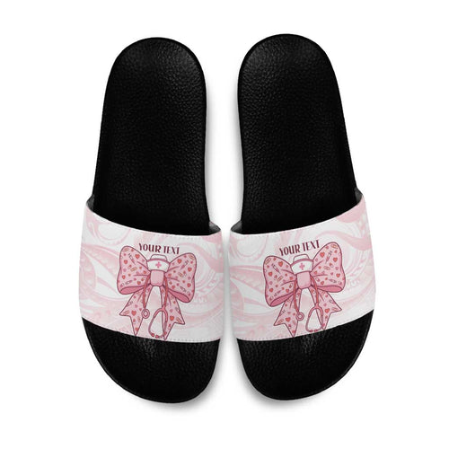 New Zealand Nurses RN Personalised Slide Sandals Pink Stethoscope Coquette Bow Maori Motif