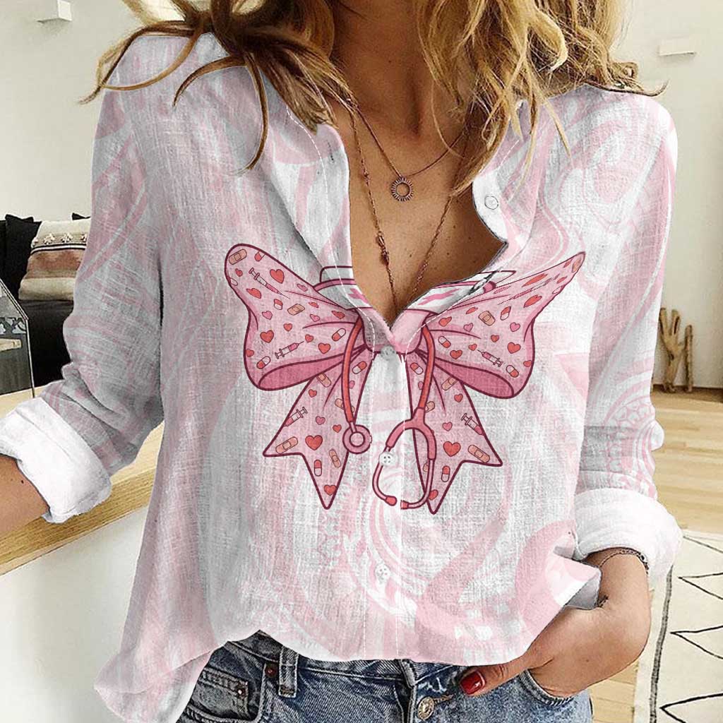 New Zealand Nurses RN Personalised Women Casual Shirt Pink Stethoscope Coquette Bow Maori Motif