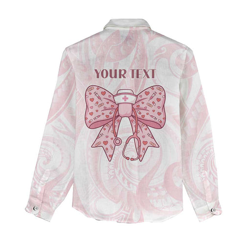 New Zealand Nurses RN Personalised Women Casual Shirt Pink Stethoscope Coquette Bow Maori Motif