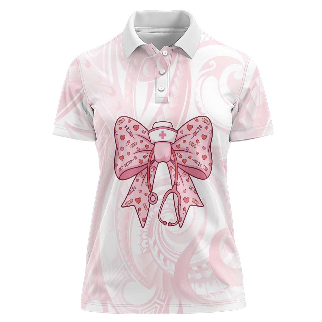 New Zealand Nurses RN Personalised Women Polo Shirt Pink Stethoscope Coquette Bow Maori Motif