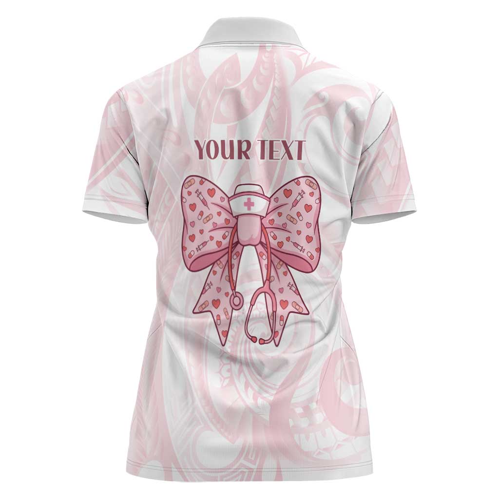New Zealand Nurses RN Personalised Women Polo Shirt Pink Stethoscope Coquette Bow Maori Motif