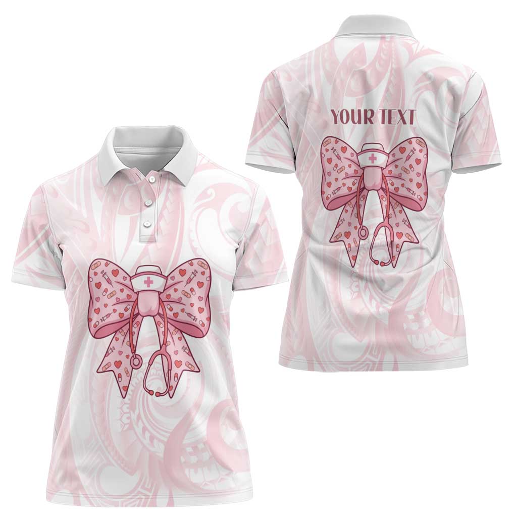 New Zealand Nurses RN Personalised Women Polo Shirt Pink Stethoscope Coquette Bow Maori Motif