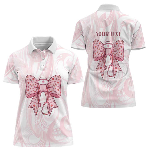 New Zealand Nurses RN Personalised Women Polo Shirt Pink Stethoscope Coquette Bow Maori Motif