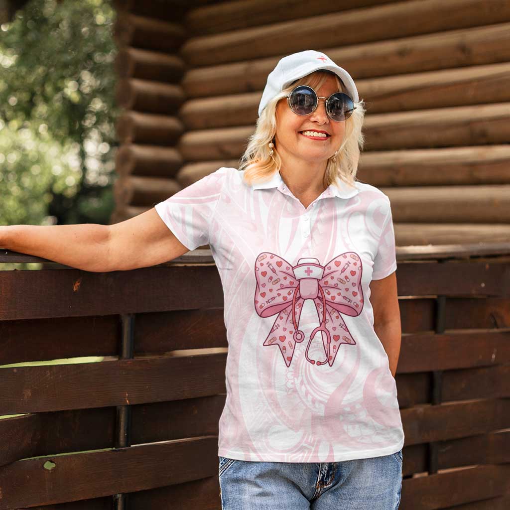 New Zealand Nurses RN Personalised Women Polo Shirt Pink Stethoscope Coquette Bow Maori Motif
