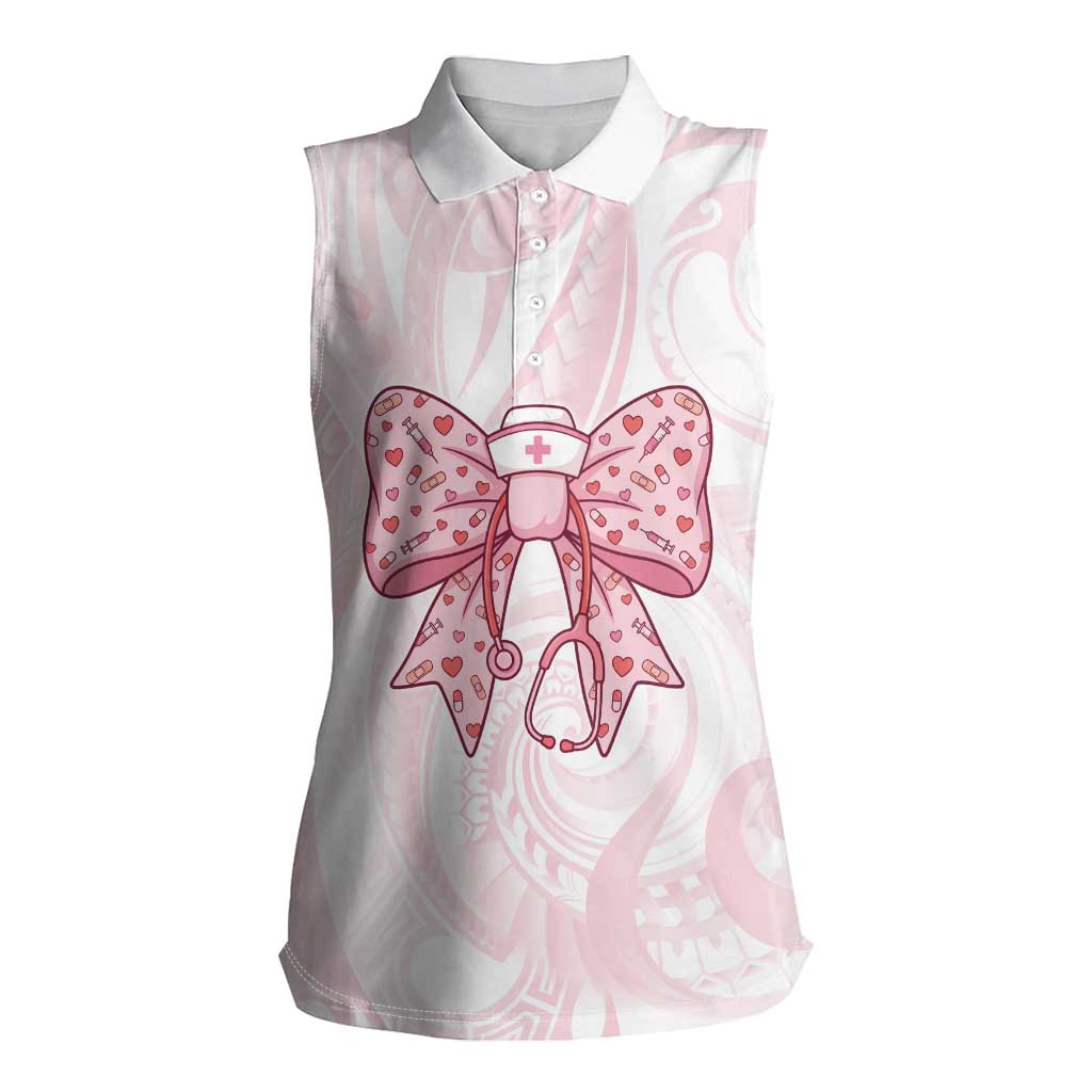 New Zealand Nurses RN Personalised Women Sleeveless Polo Shirt Pink Stethoscope Coquette Bow Maori Motif