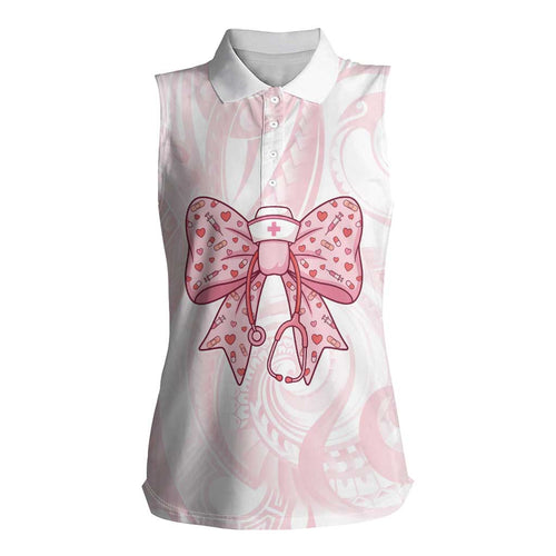New Zealand Nurses RN Personalised Women Sleeveless Polo Shirt Pink Stethoscope Coquette Bow Maori Motif