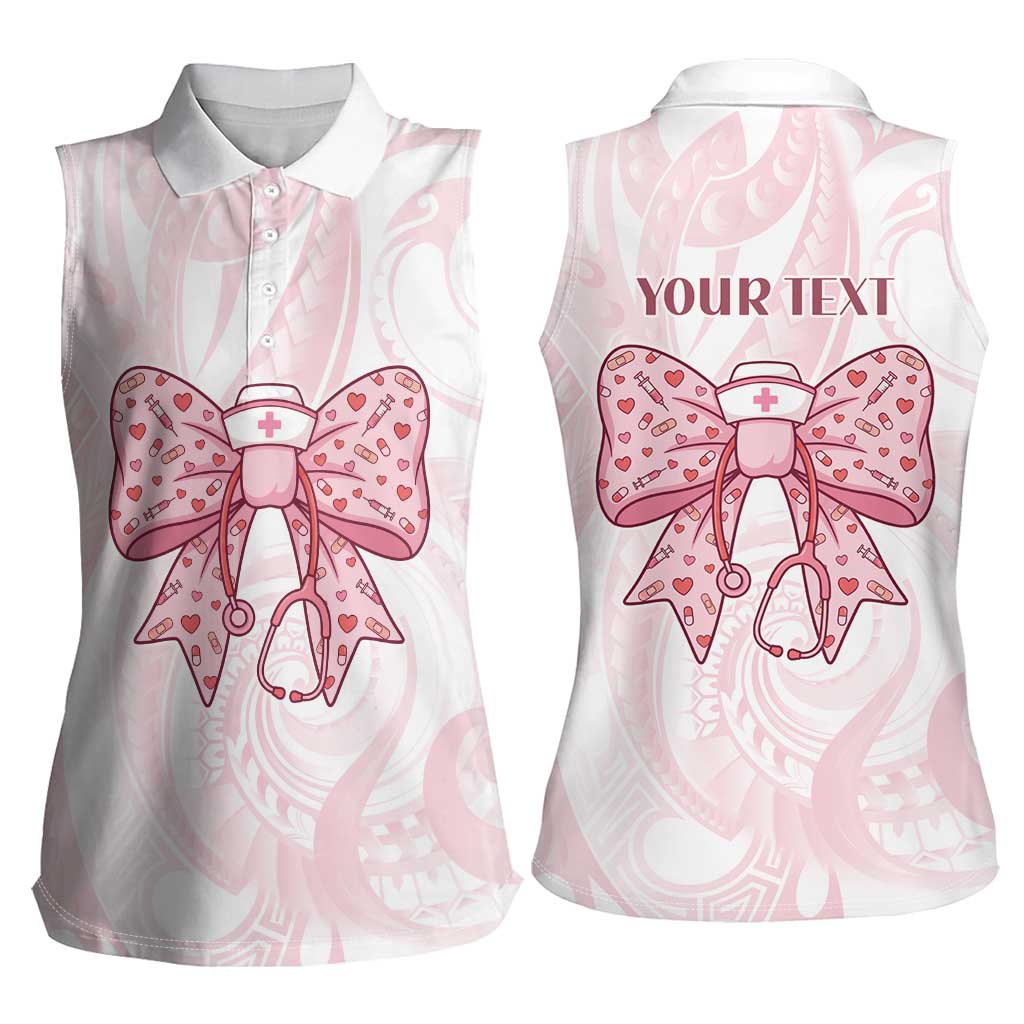 New Zealand Nurses RN Personalised Women Sleeveless Polo Shirt Pink Stethoscope Coquette Bow Maori Motif