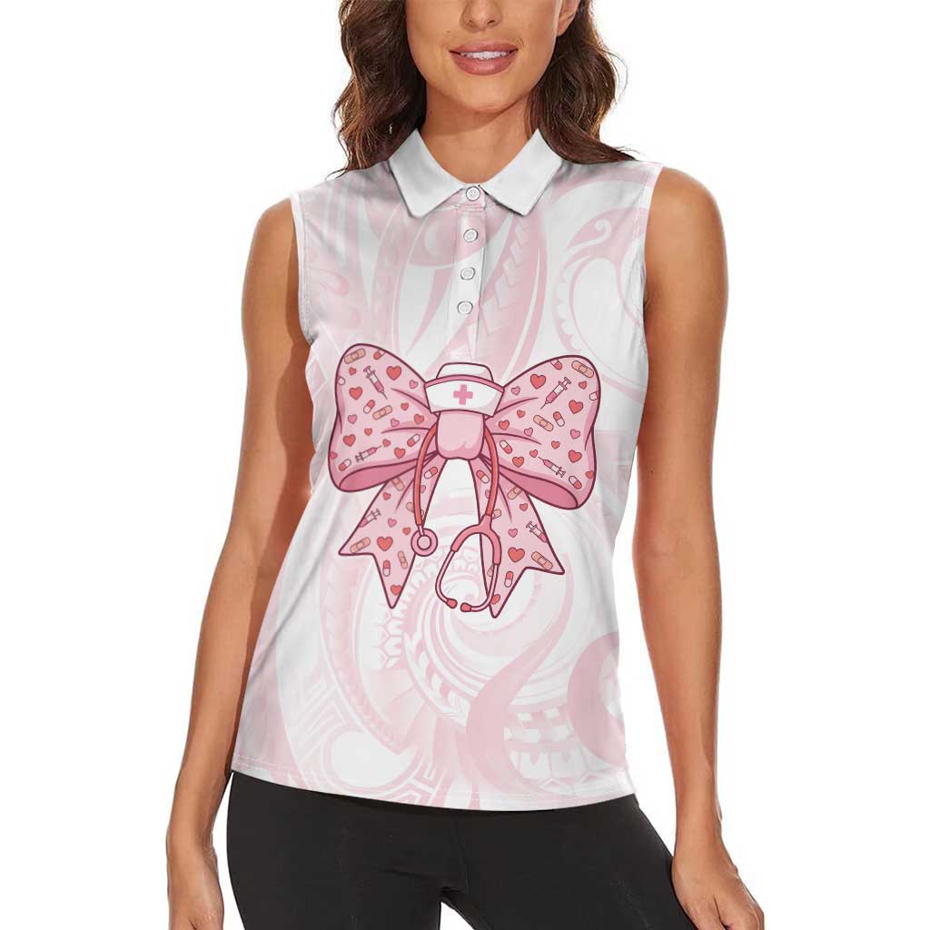 New Zealand Nurses RN Personalised Women Sleeveless Polo Shirt Pink Stethoscope Coquette Bow Maori Motif